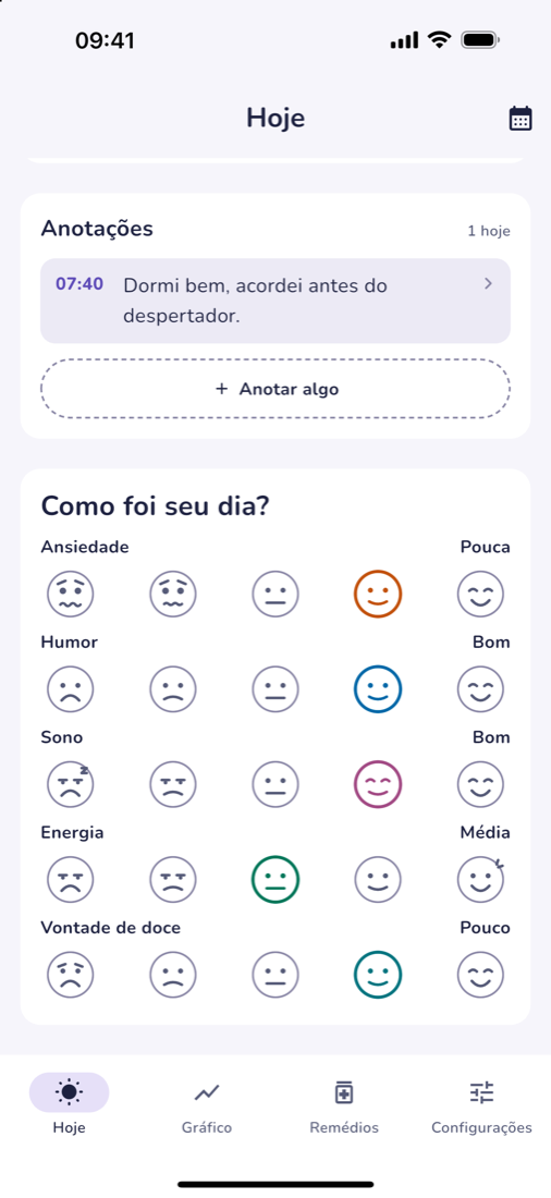 Tela Hoje do Coru com o check-in do dia: cinco carinhas por escala, uma escolhida em cada.